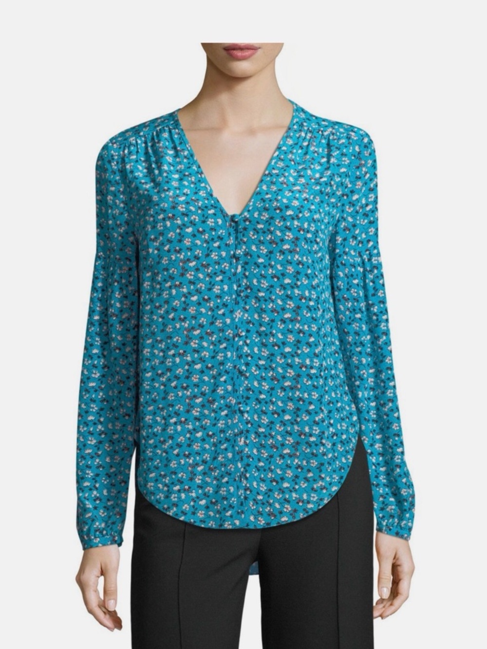 Veronica Beard Teal Floral V-Neck Button-Front Blouse